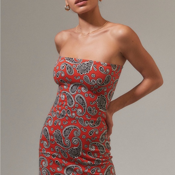 NWT Urban Outfitters Paisley Strapless Red Mini Dress - Picture 1 of 7